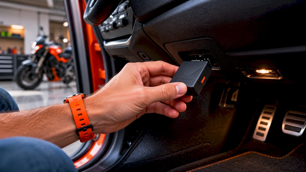 Close-up of OBD GPS tracker plugged in