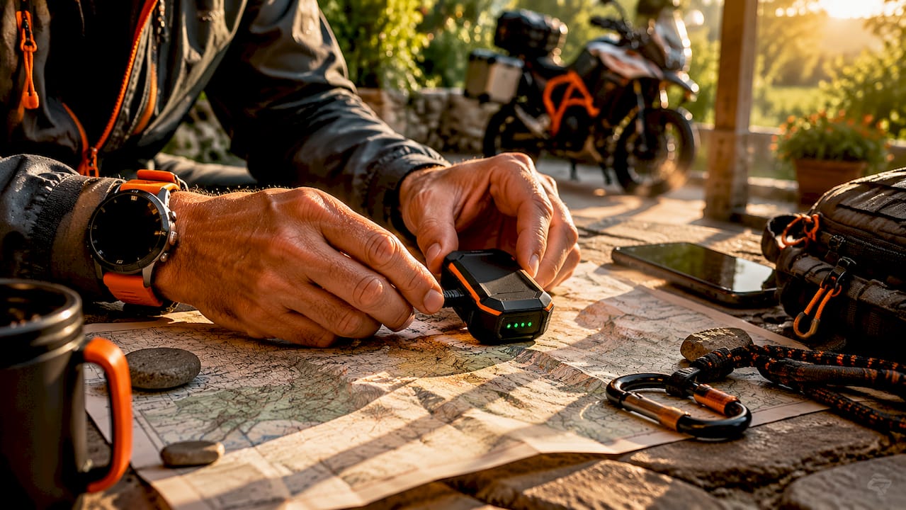 Hands with GPS device and map inside cabin