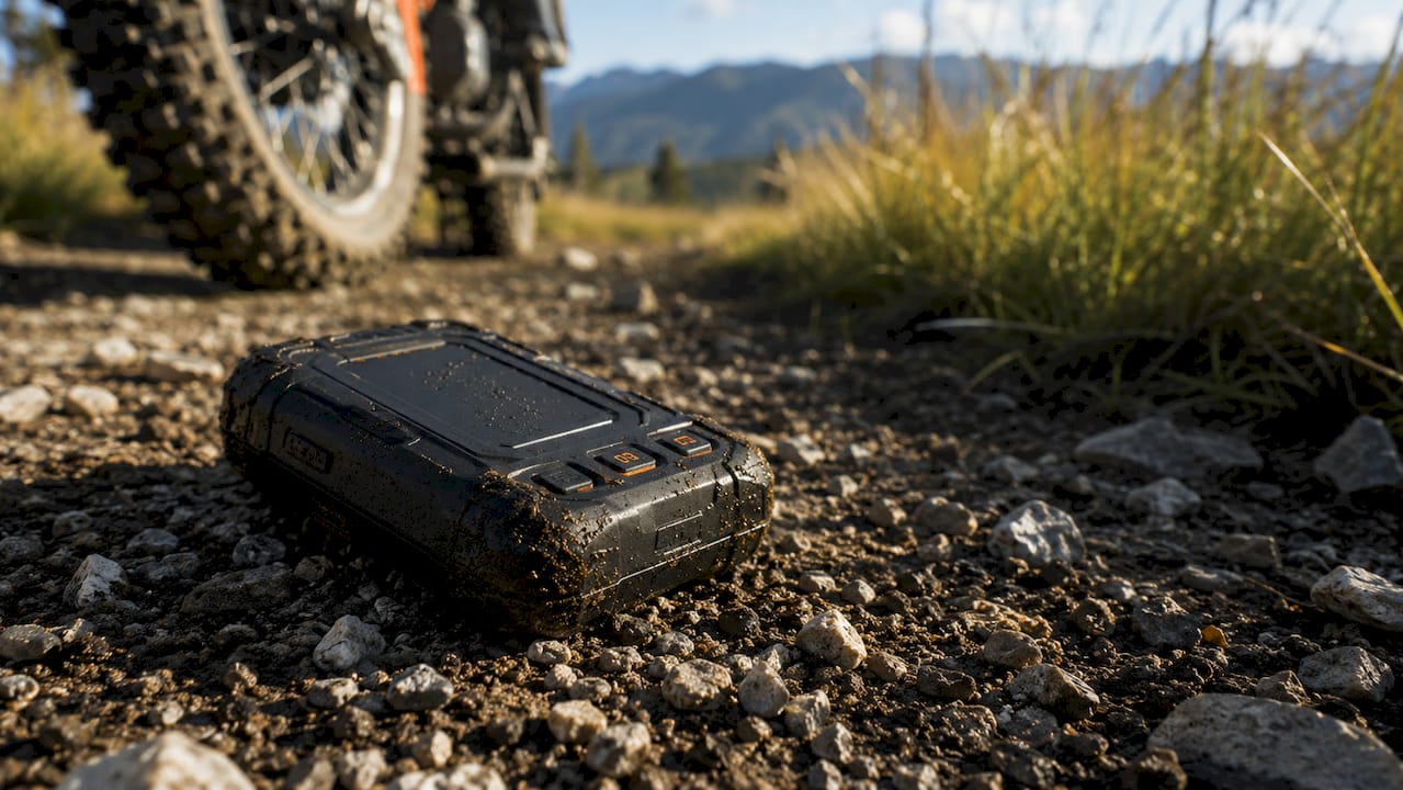 Close-up rugged off-road GPS device on wooden table