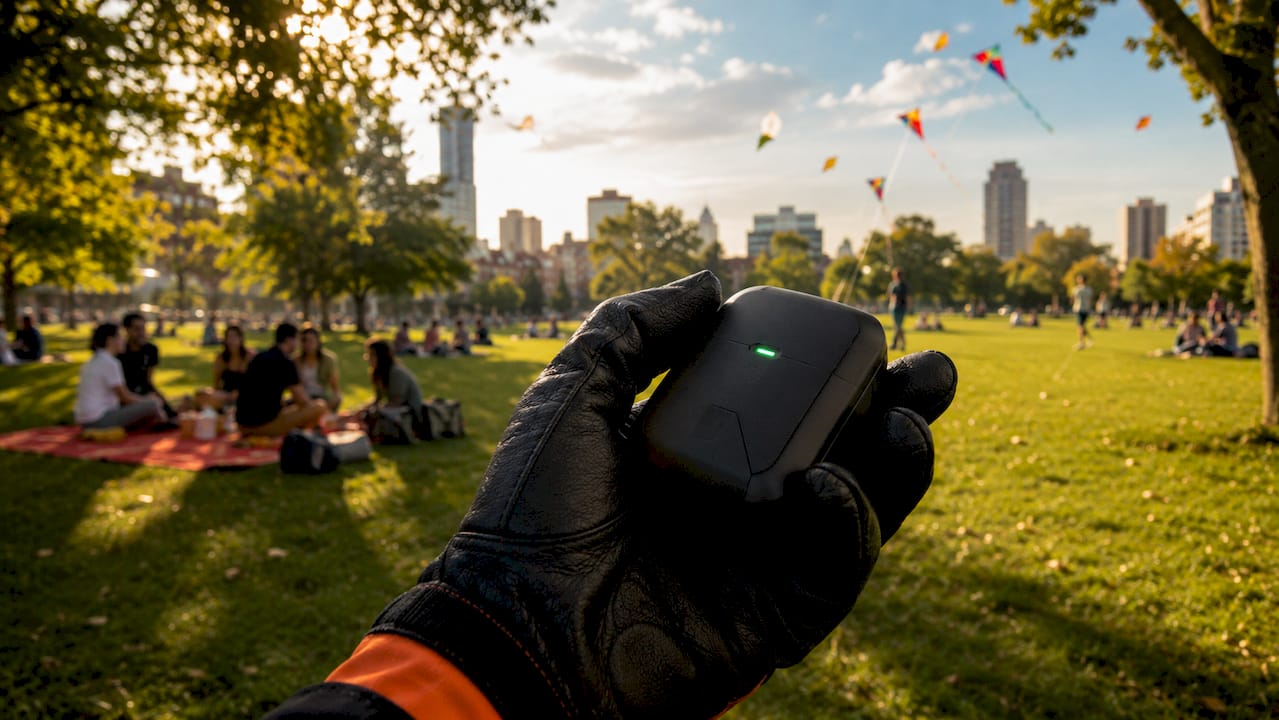Hand holding GPS receiver outdoors with satellites