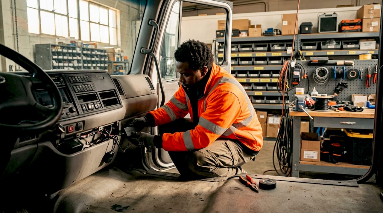 Technician installing GPS tracker in truck cabin