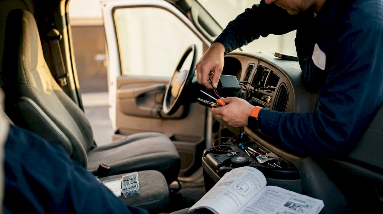 Technician installing GPS tracker in vehicle dashboard