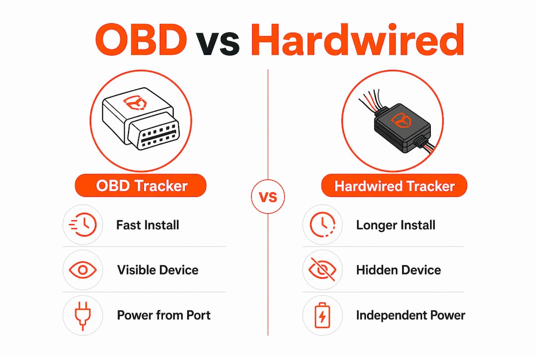 Infographic comparing OBD tracker vs hardwired tracker