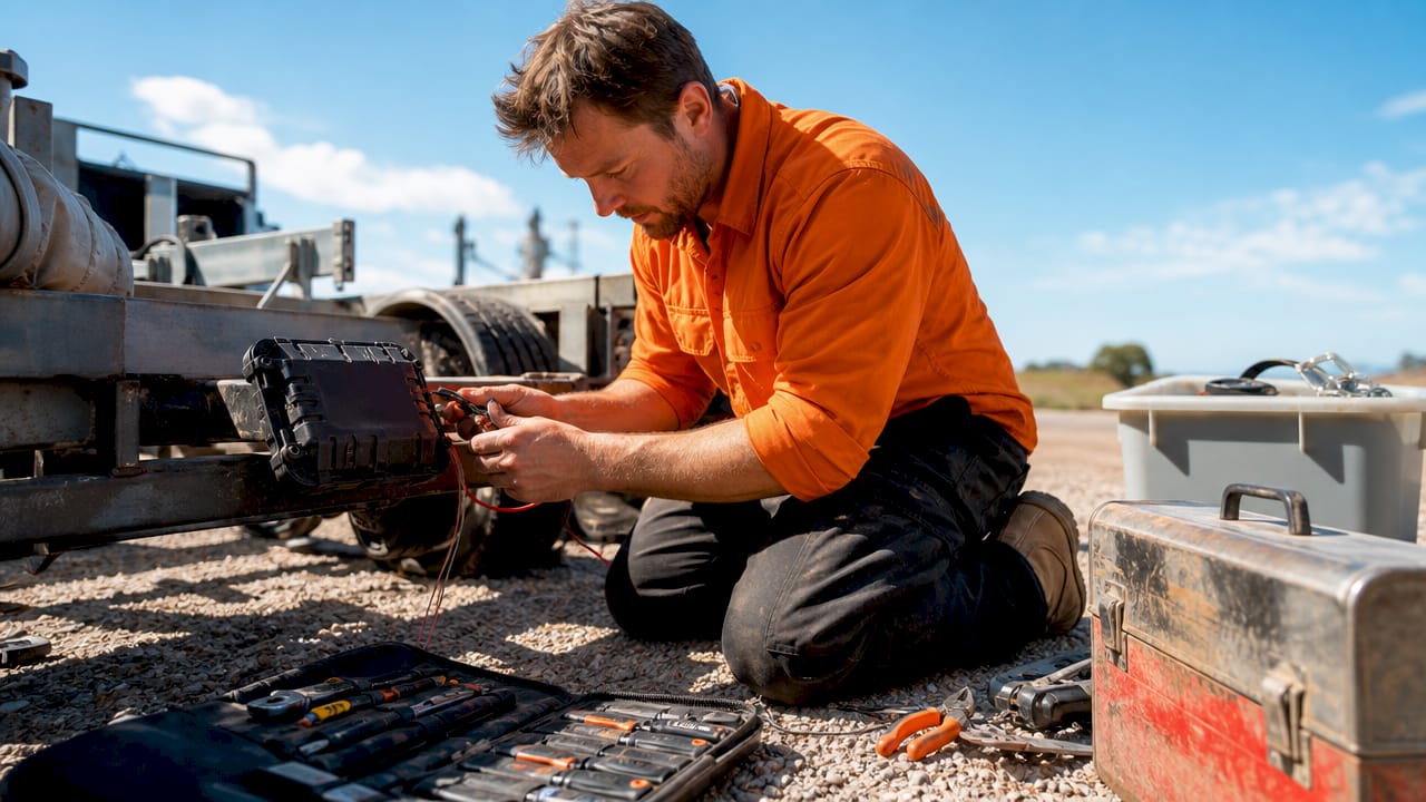 Close-up of GPS device being installed on workbench
