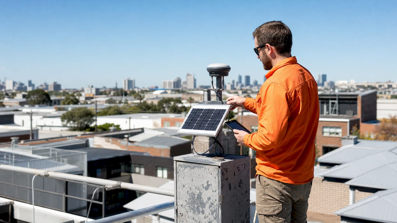 Technician checking solar GPS tracker on container