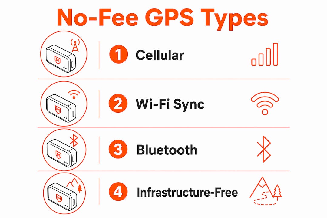Infographic detailing no-monthly-fee GPS technology types