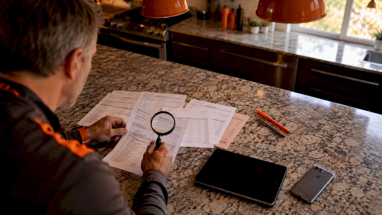 Close-up hands examining GPS cellular data bills