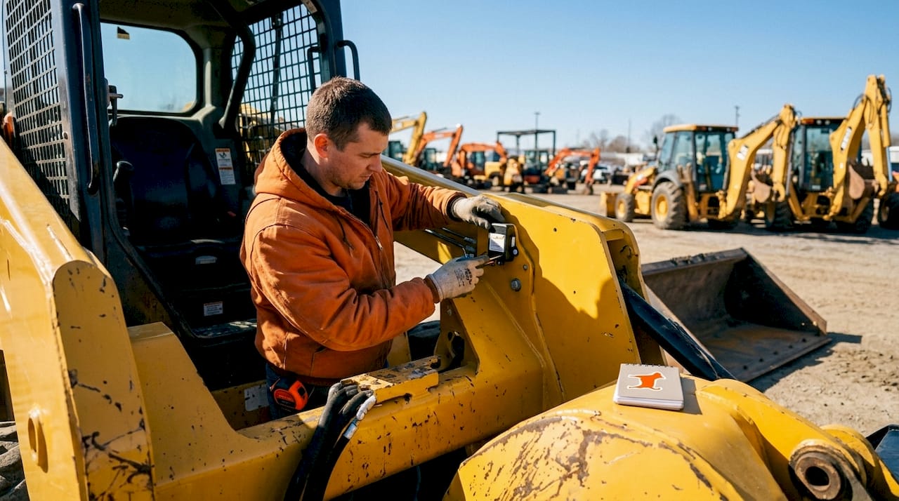 Technician attaching GPS tracker to skid steer