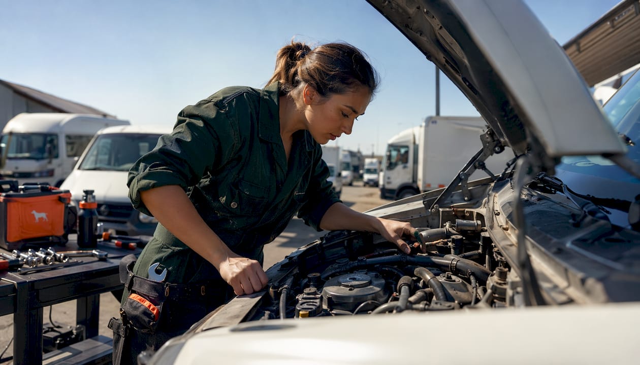 Technician inspecting fleet vehicle engine