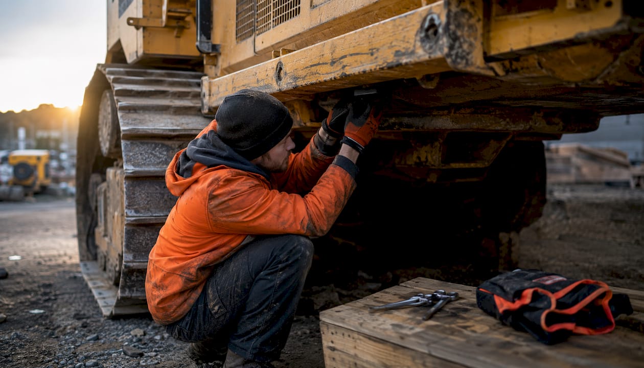 Hands installing covert GPS tracker under bulldozer