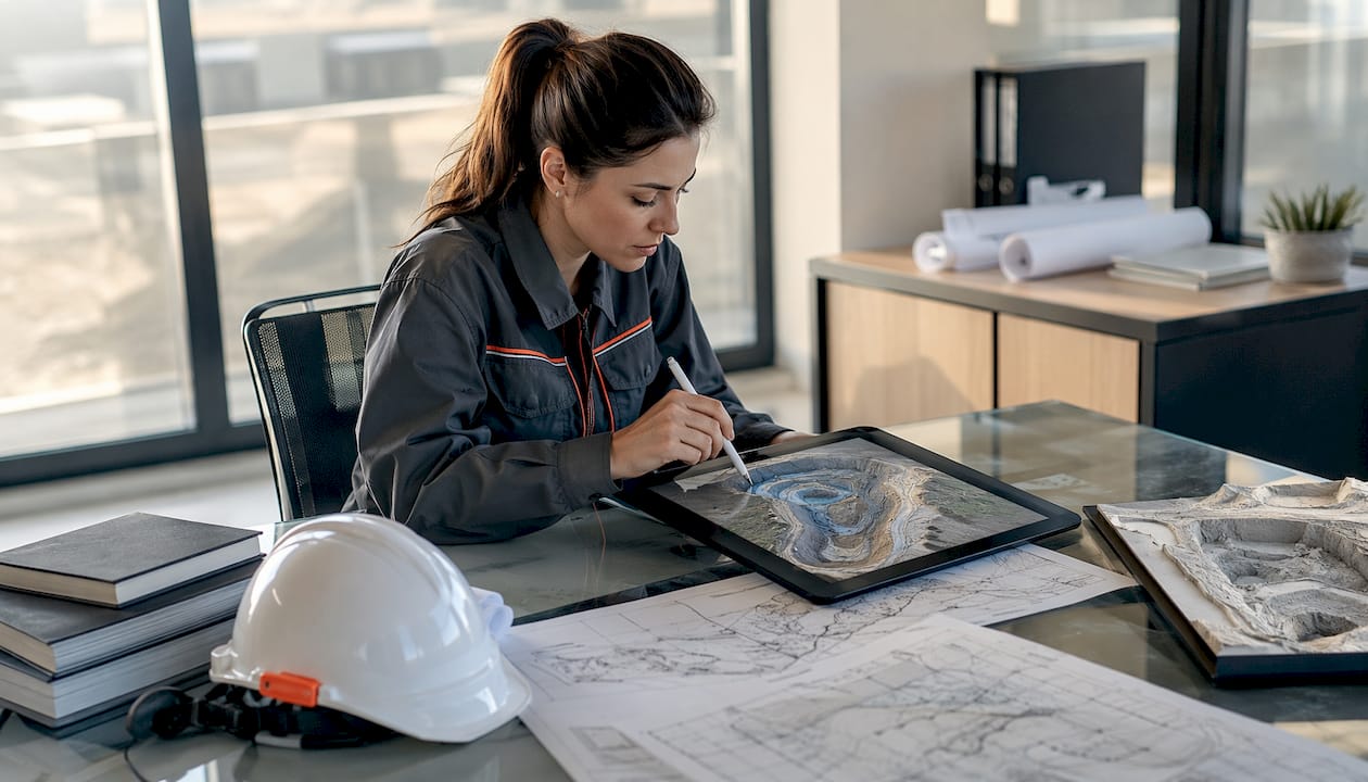 Engineer working on 3D excavation models indoors