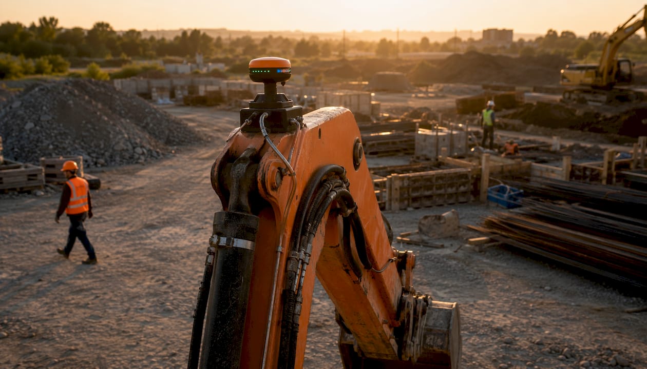 Close-up of GNSS receiver on excavator arm