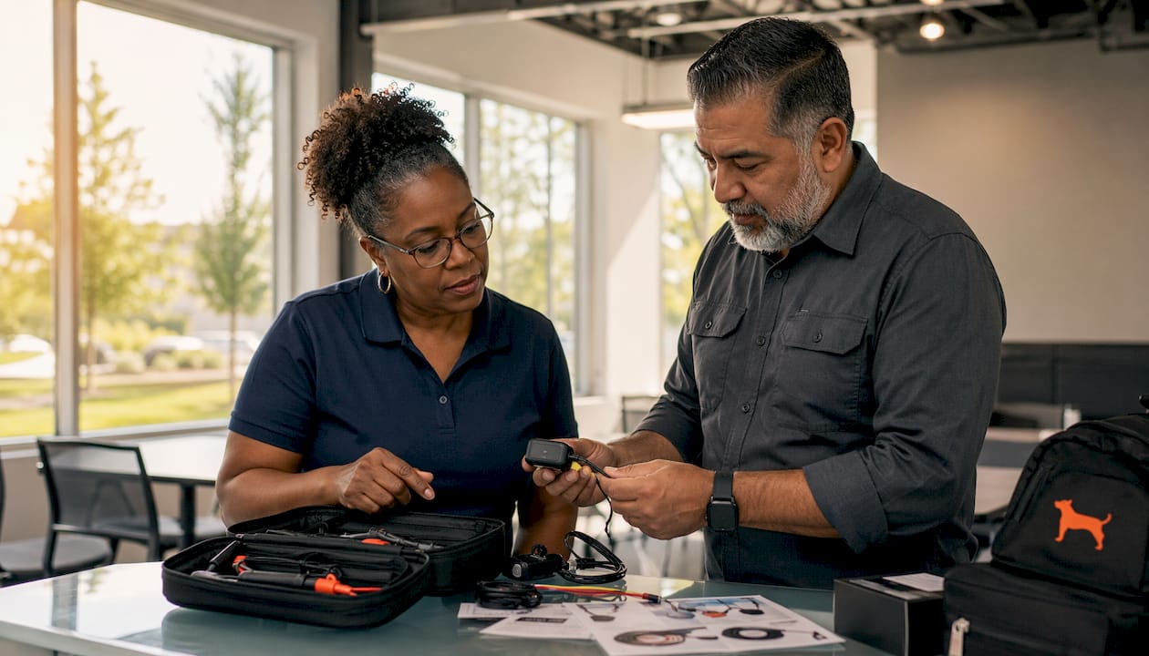 Fleet managers reviewing GPS tracker installation components