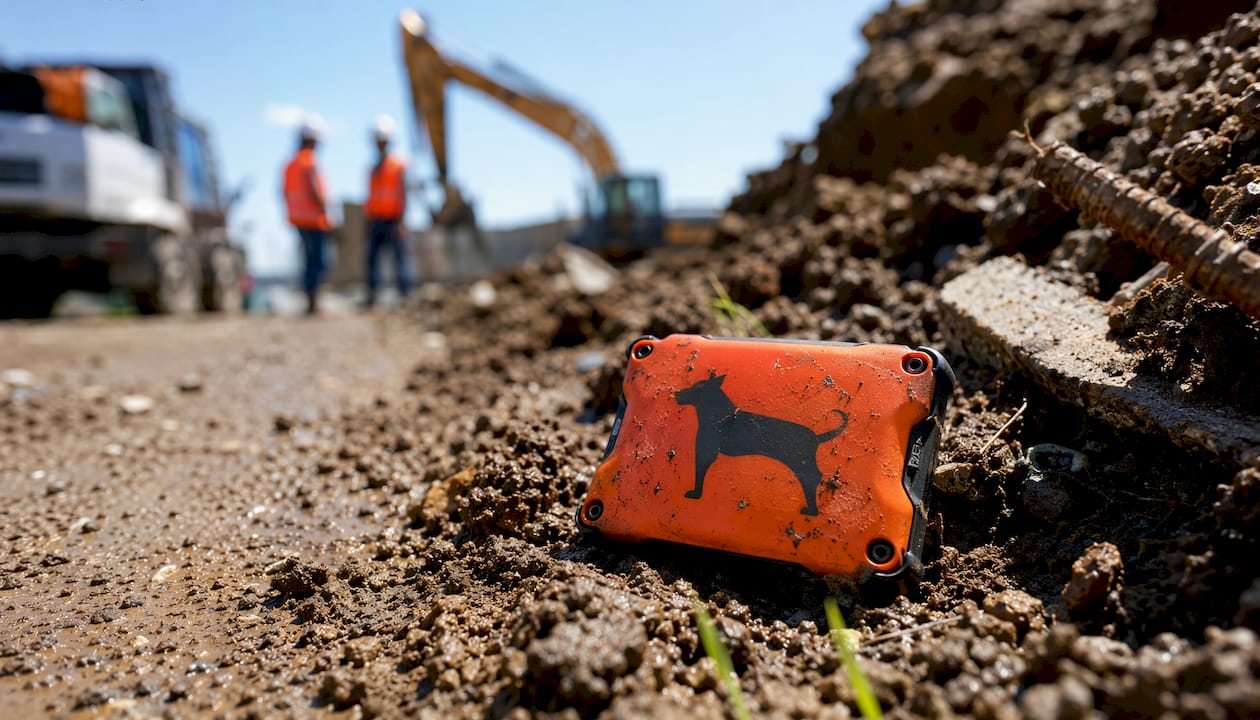 Durable GPS tracking tag on gravel near site fence
