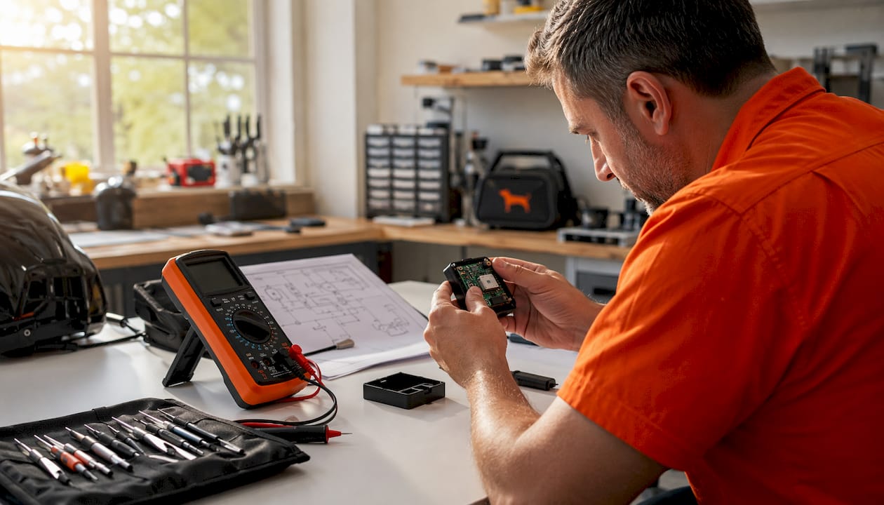Technician inspecting GPS tampering sensors