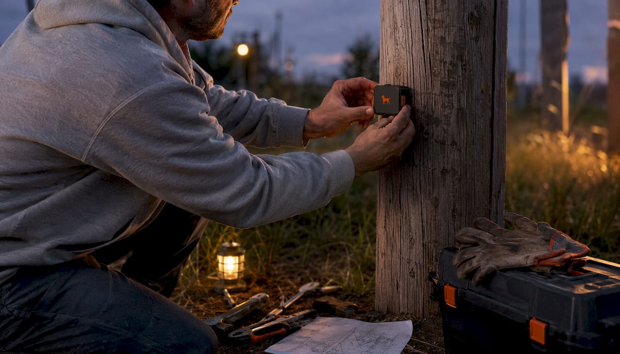 Hands mounting GPS tracker on trailer