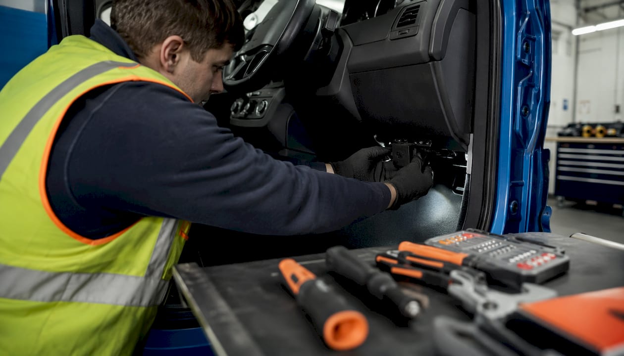 Technician installing GPS device in fleet vehicle
