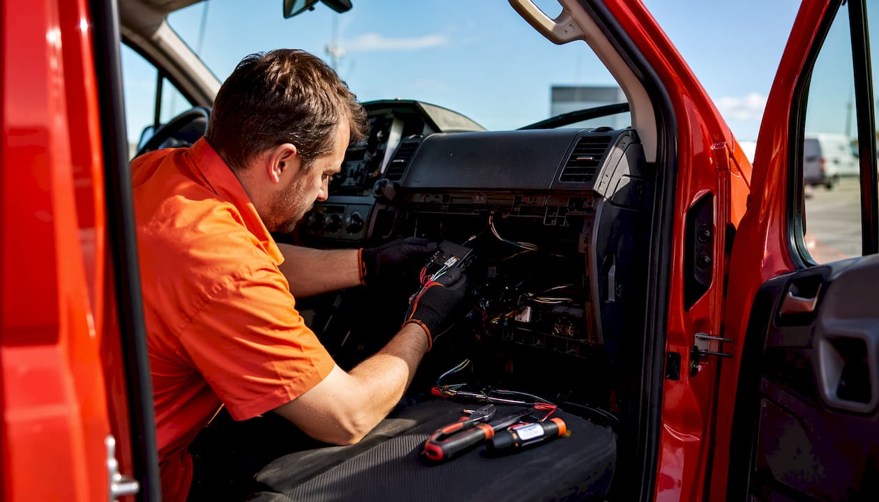 Technician installing hardwired GPS tracker in truck