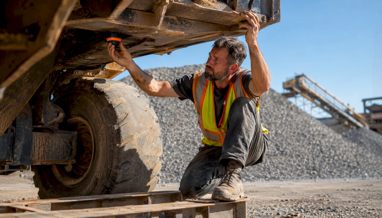 Technician placing magnetic GPS tracker on construction vehicle