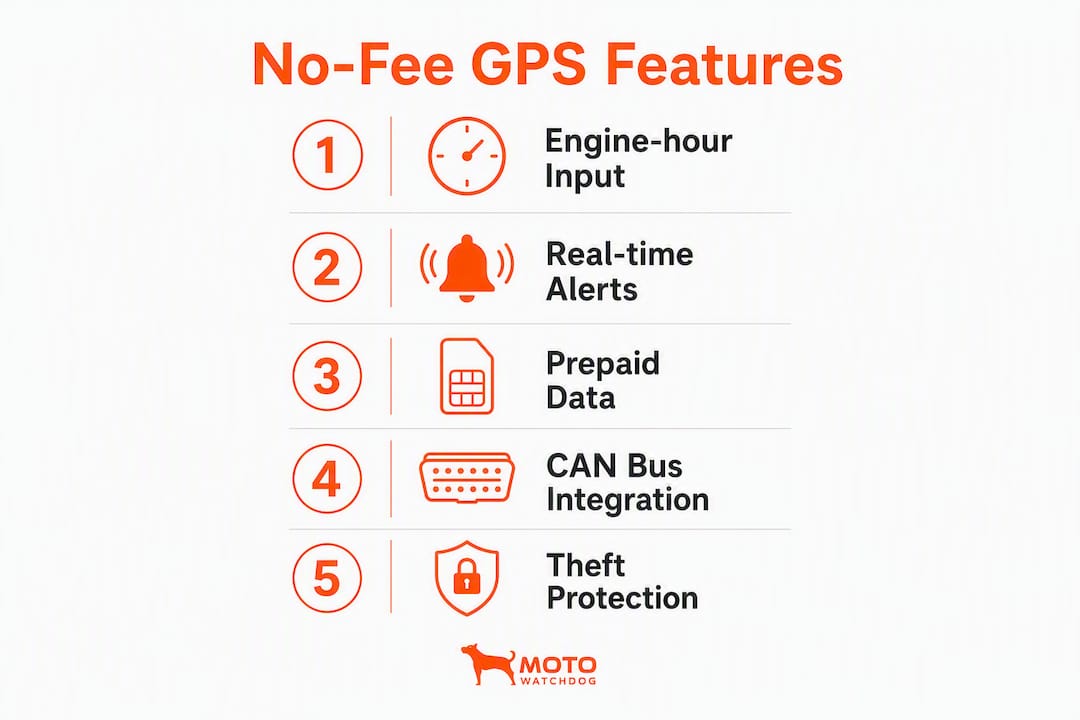 Vertical flow infographic showing key features of no-fee GPS trackers