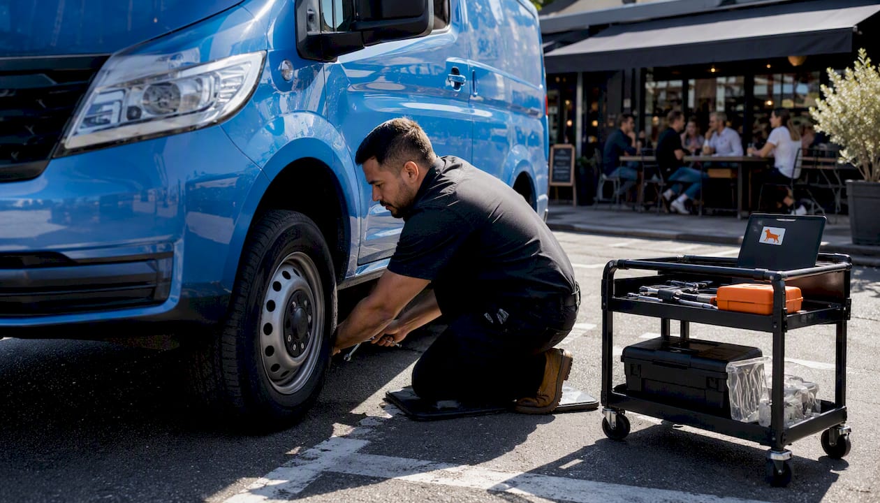 Technician installing GPS tracker under vehicle