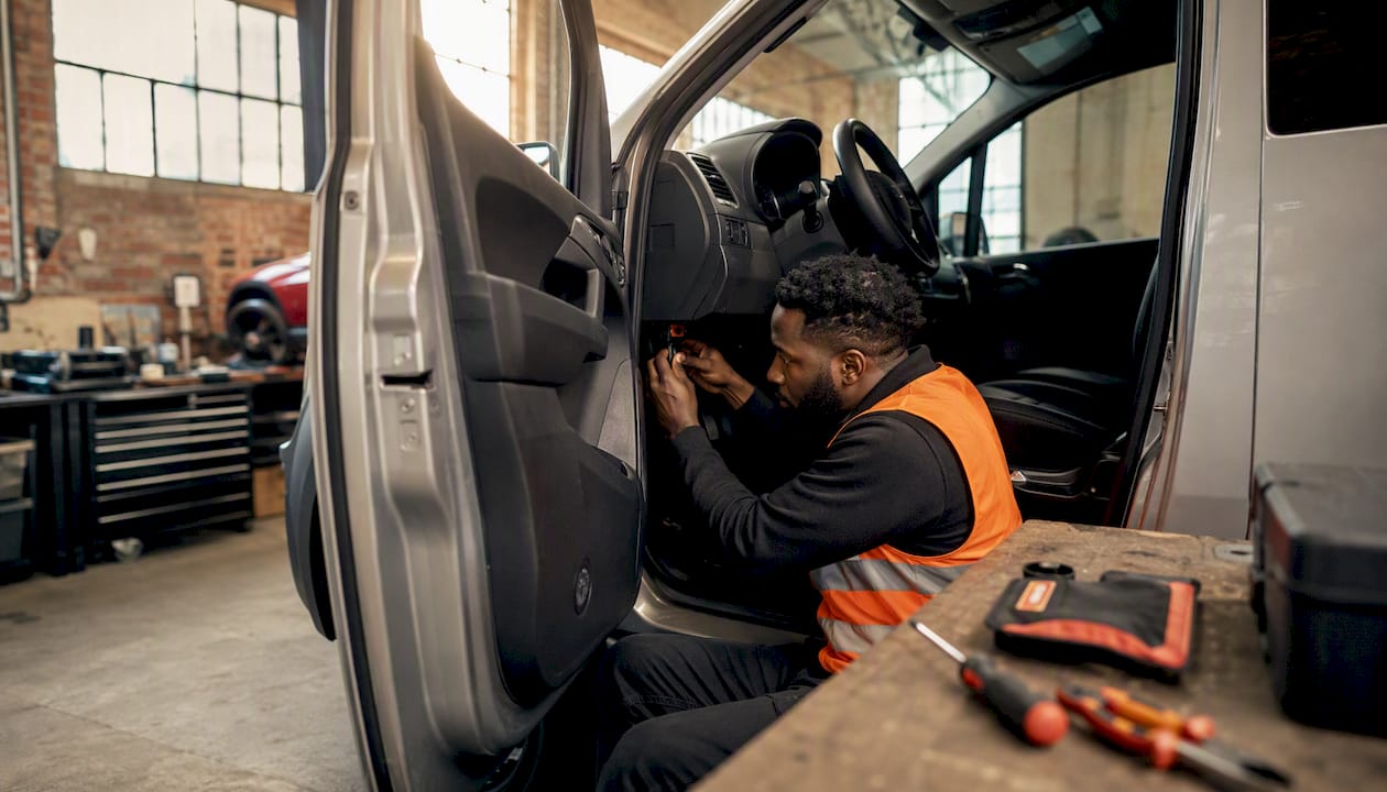 Technician installing GPS device in vehicle