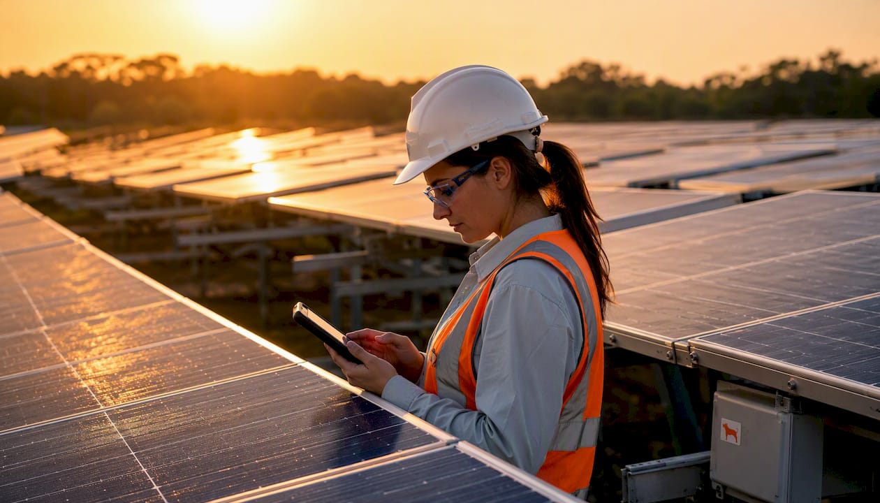 Engineer inspecting communication antennas rooftop