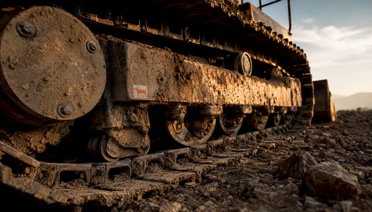 Close-up worn bulldozer undercarriage outdoors