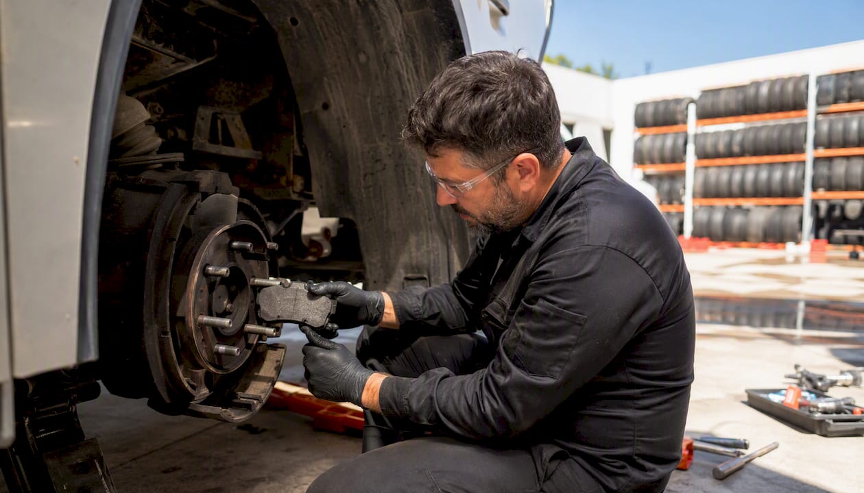 Fleet mechanic inspecting vehicle brakes
