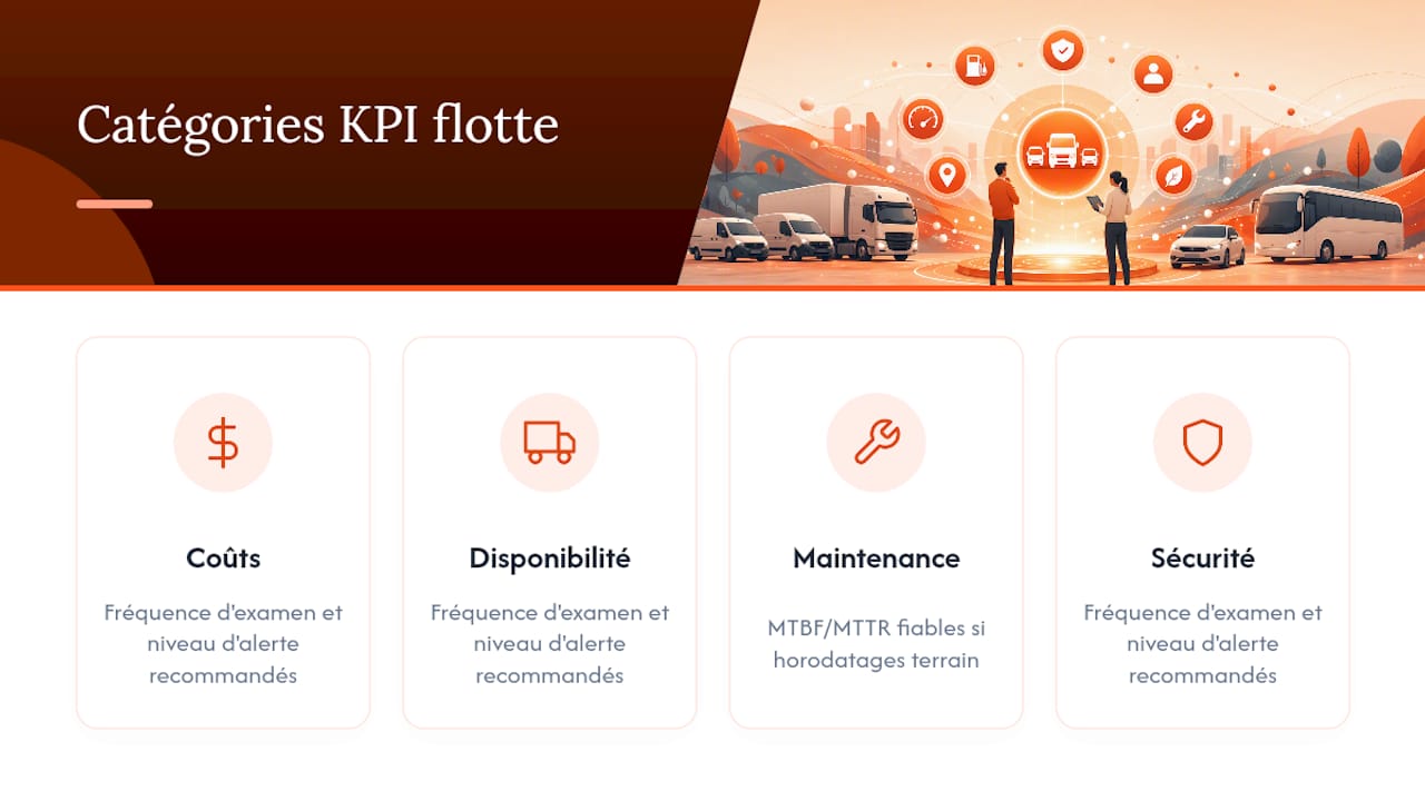 Infographie présentant les principaux indicateurs de performance (KPI) du tableau de bord flotte, ainsi que leur fréquence d’analyse.