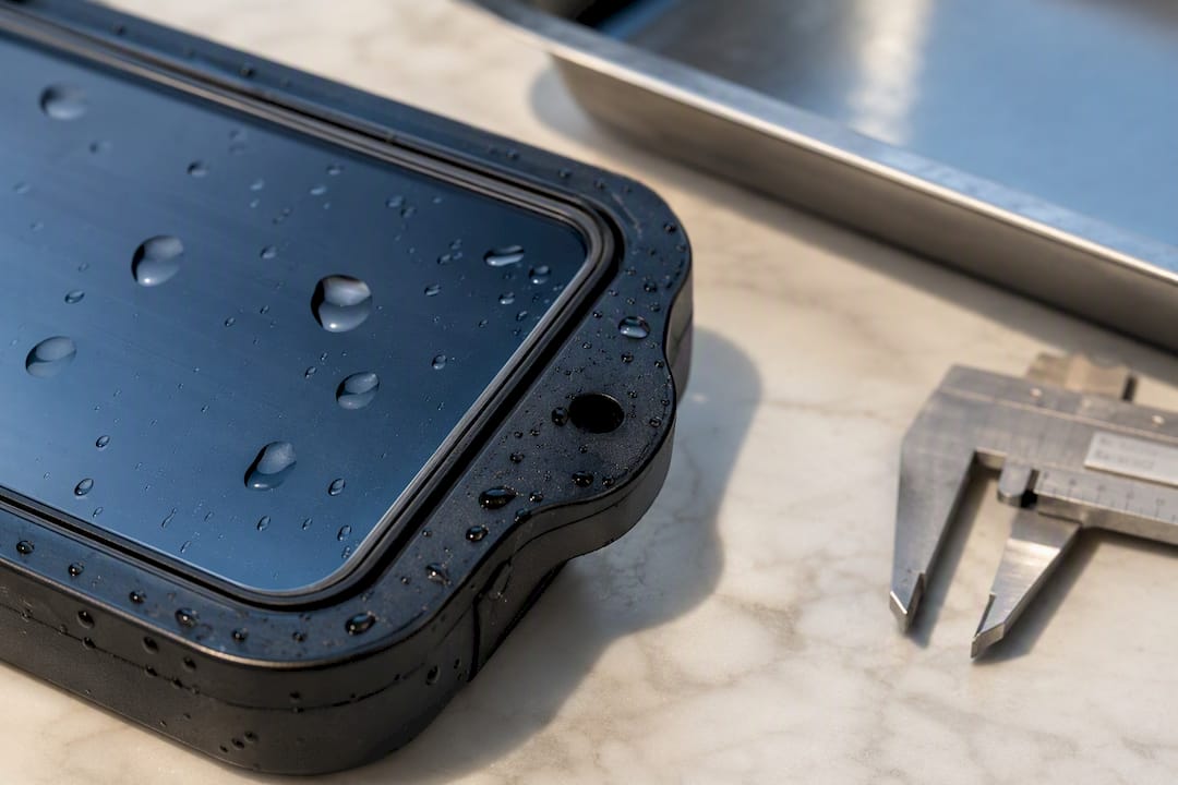 Primer plano de carcasa GPS con gotas de agua