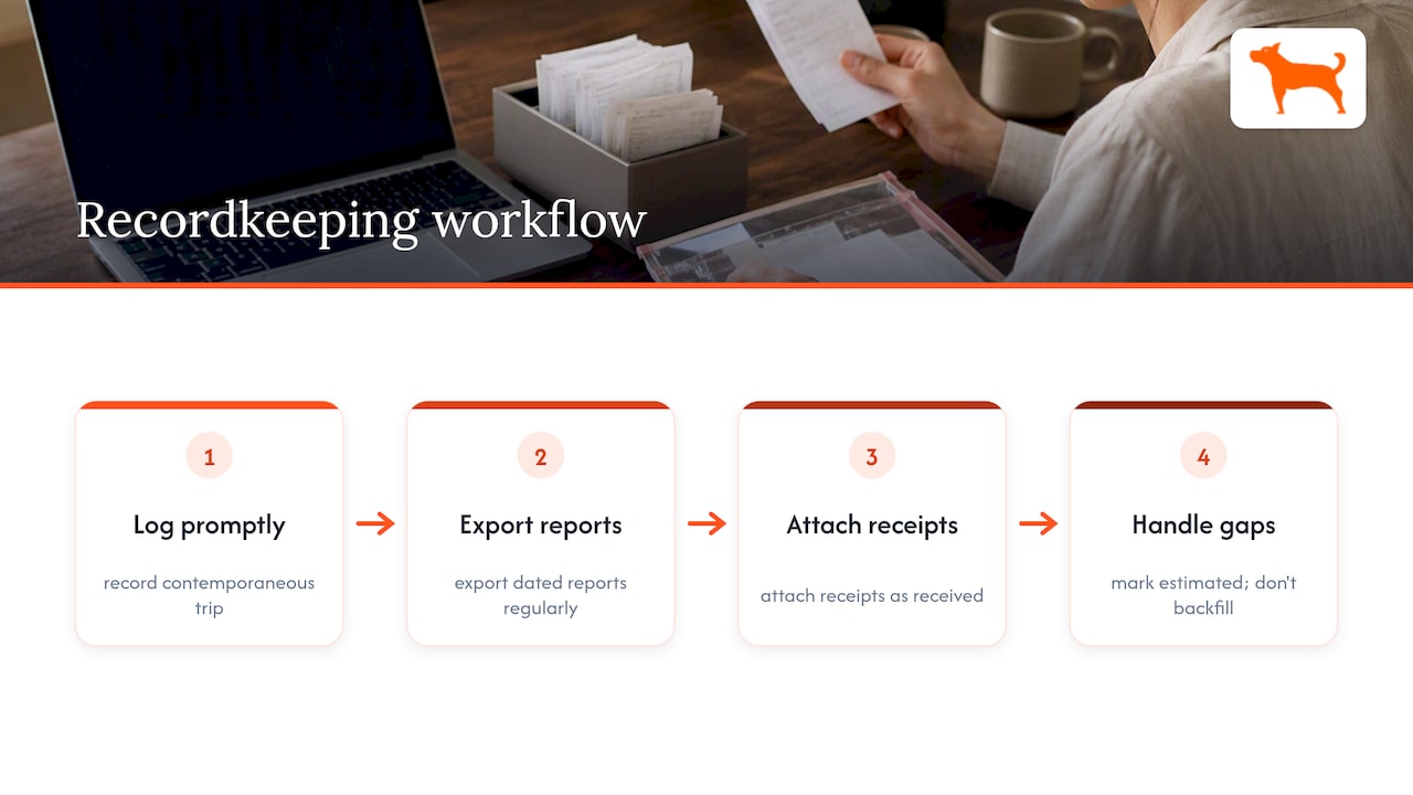 Contemporaneous mileage recordkeeping workflow