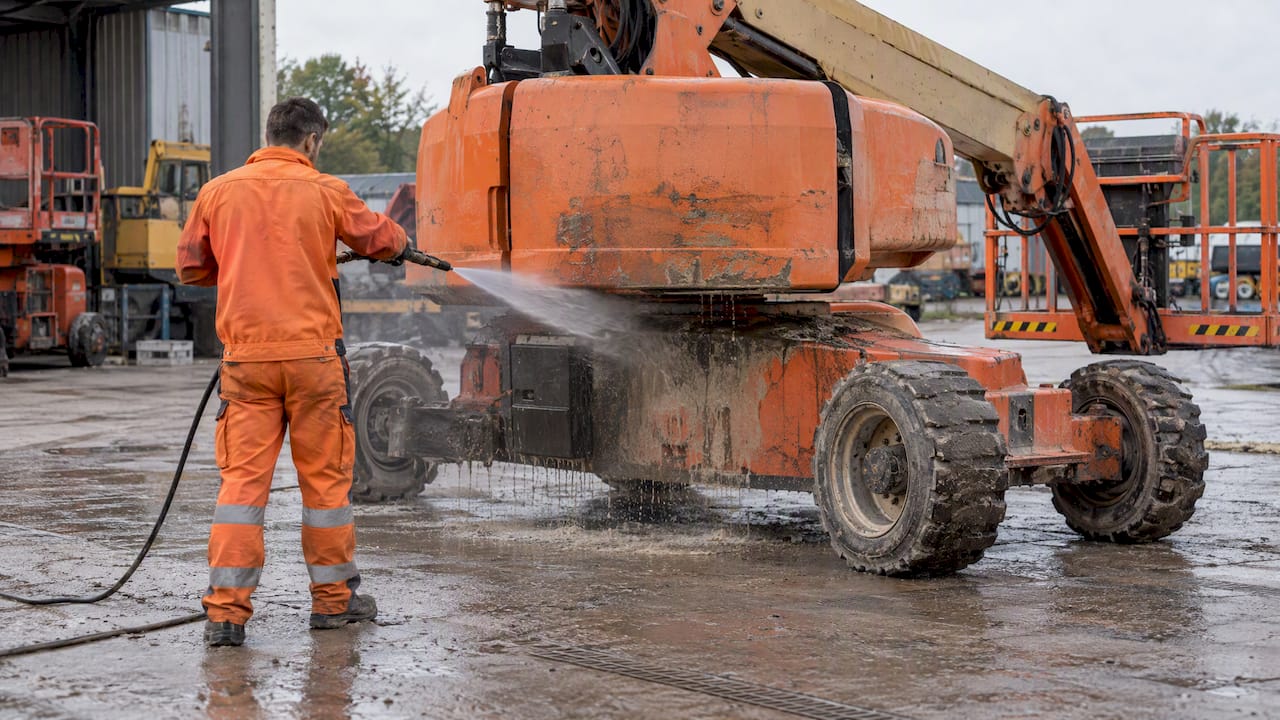 Un trabajador limpia una plataforma elevadora para obras