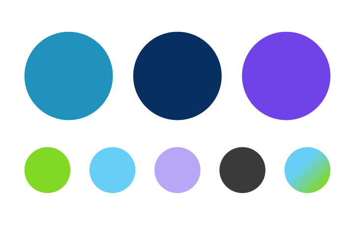 Traliant's color palette: the main colors are teal, navy and purple with secondary colors of lime green, cyan, light purple, dark gray and a gradient of cyan to lime green.