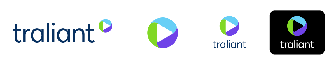 Four variations of Traliant's logo including the full main logo which is horizontally oriented with text and a symbol, the symbol alone, a square version with the symbol above the wordmark, and a reverse color version of the logo