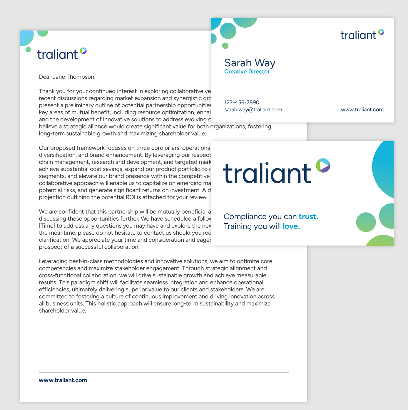 A sample of Traliant's stationary letterhead and business card
