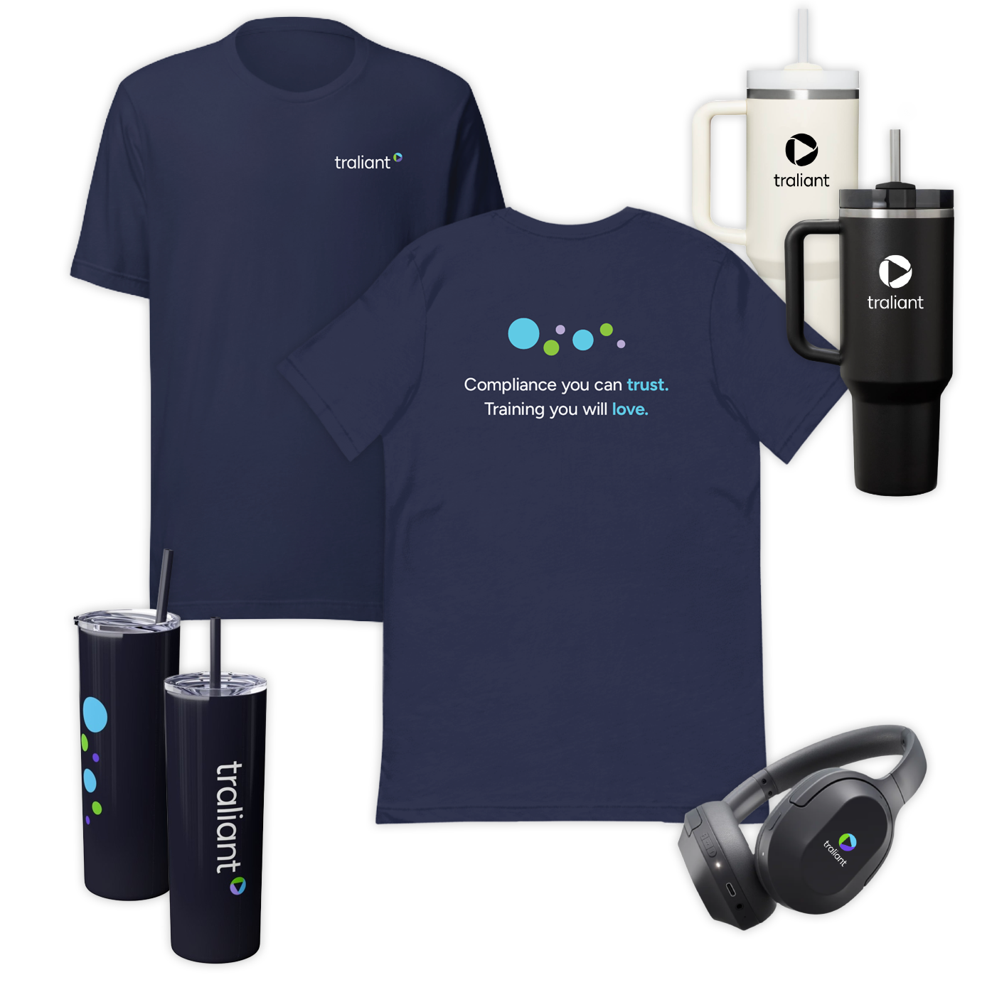 Examples of Traliant's swag including a t-shirt, travel mug, tumbler and headphones all emblazoned with Traliant's logo