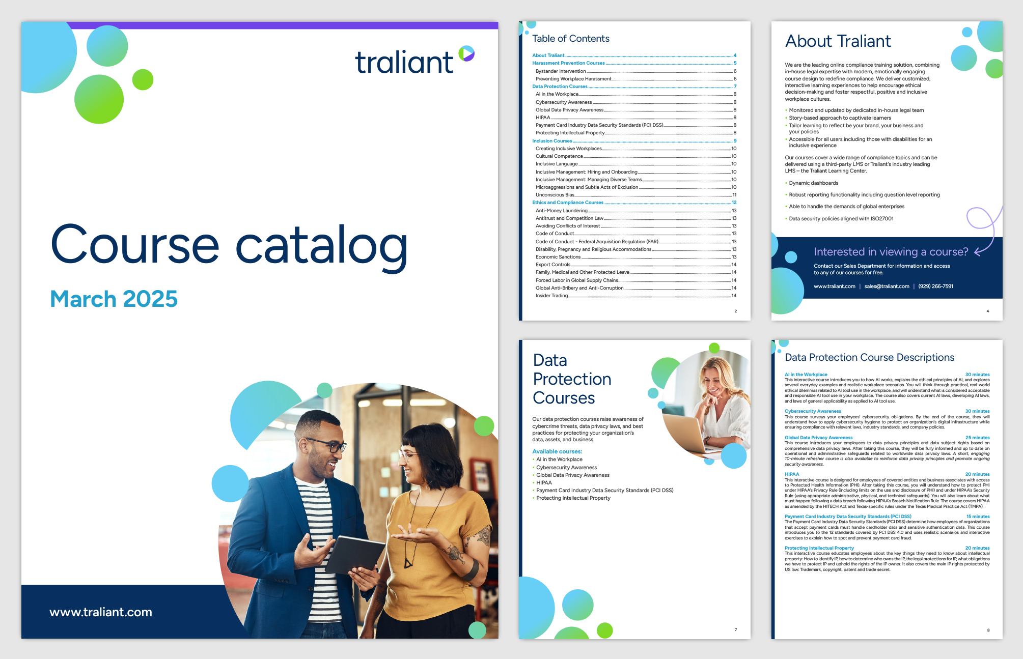 A sample of some pages from the Traliant Course Catalog including the cover, the table of contents, the About Traliant page, a section heading page and a course description page.