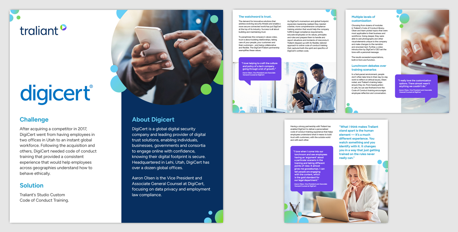 The digital case study for Traliant's customer, Digicert, which includes all four pages from the case study.