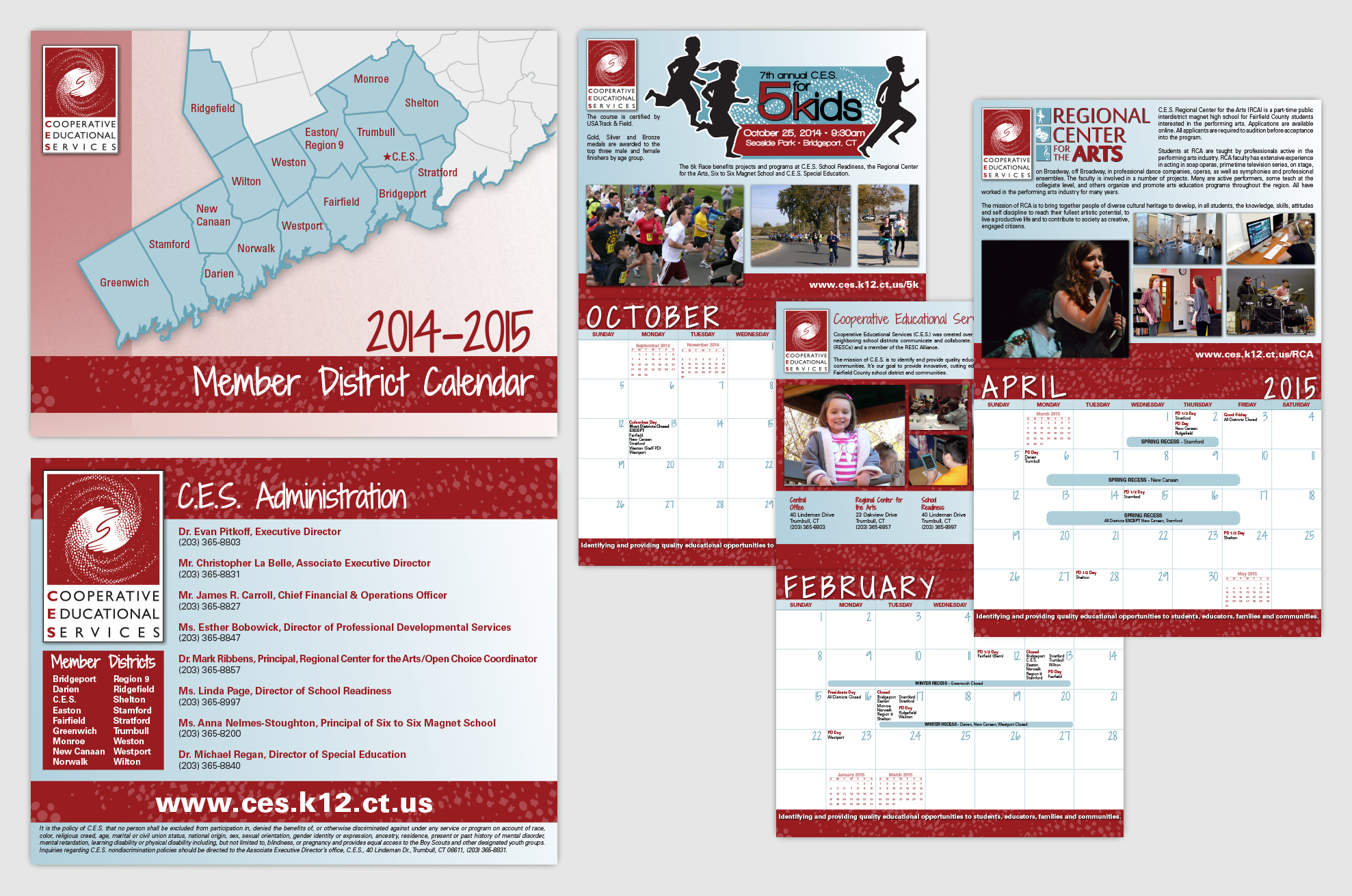 The award-winning Cooperative Educational Services' Member District Calendar, showcasing some of the layouts including the front and back covers and the inside layouts for October, February and April.