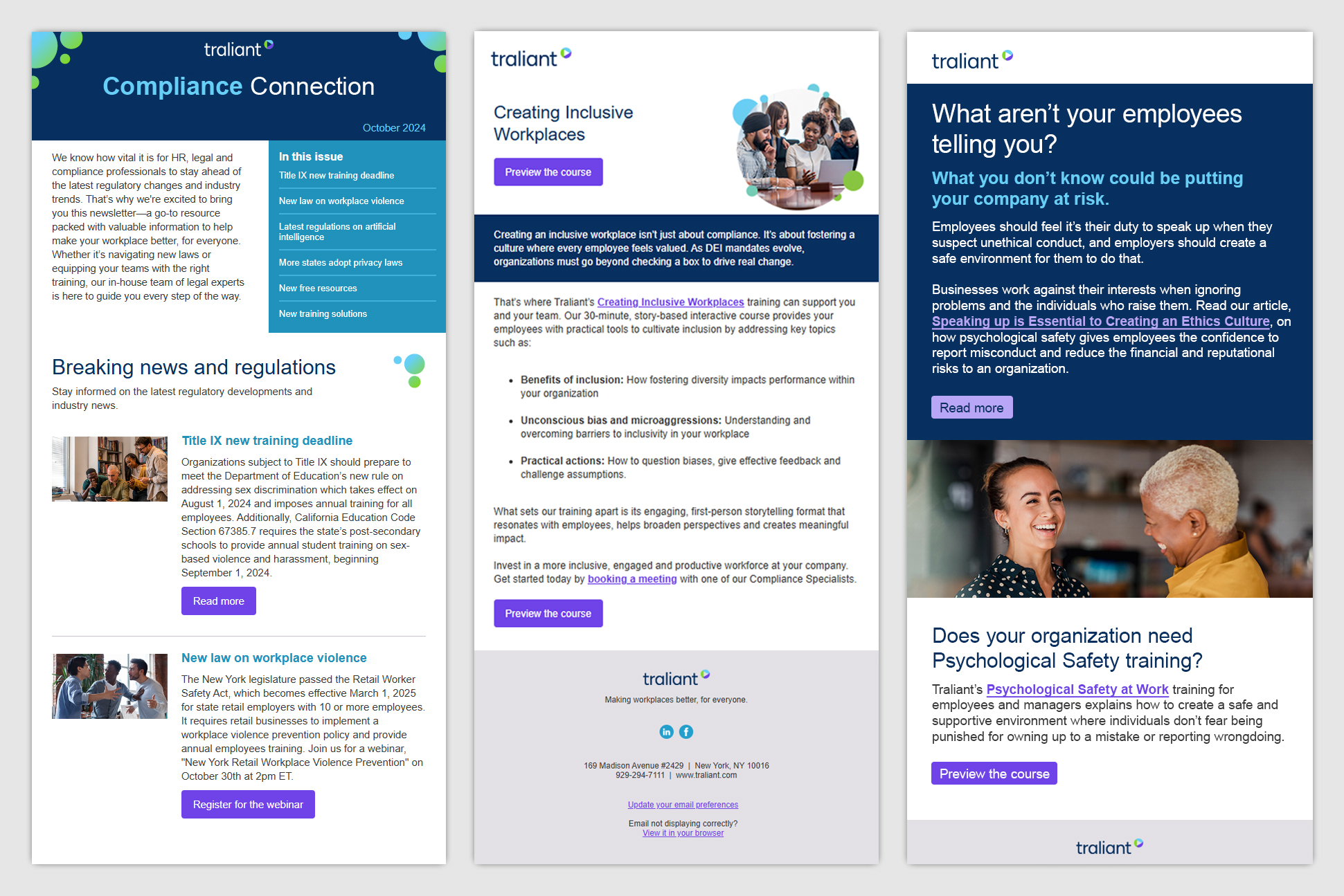Three sample layouts of emails using the HTML template including one for a newsletter, one featuring a course promotion and one for thought leadership.