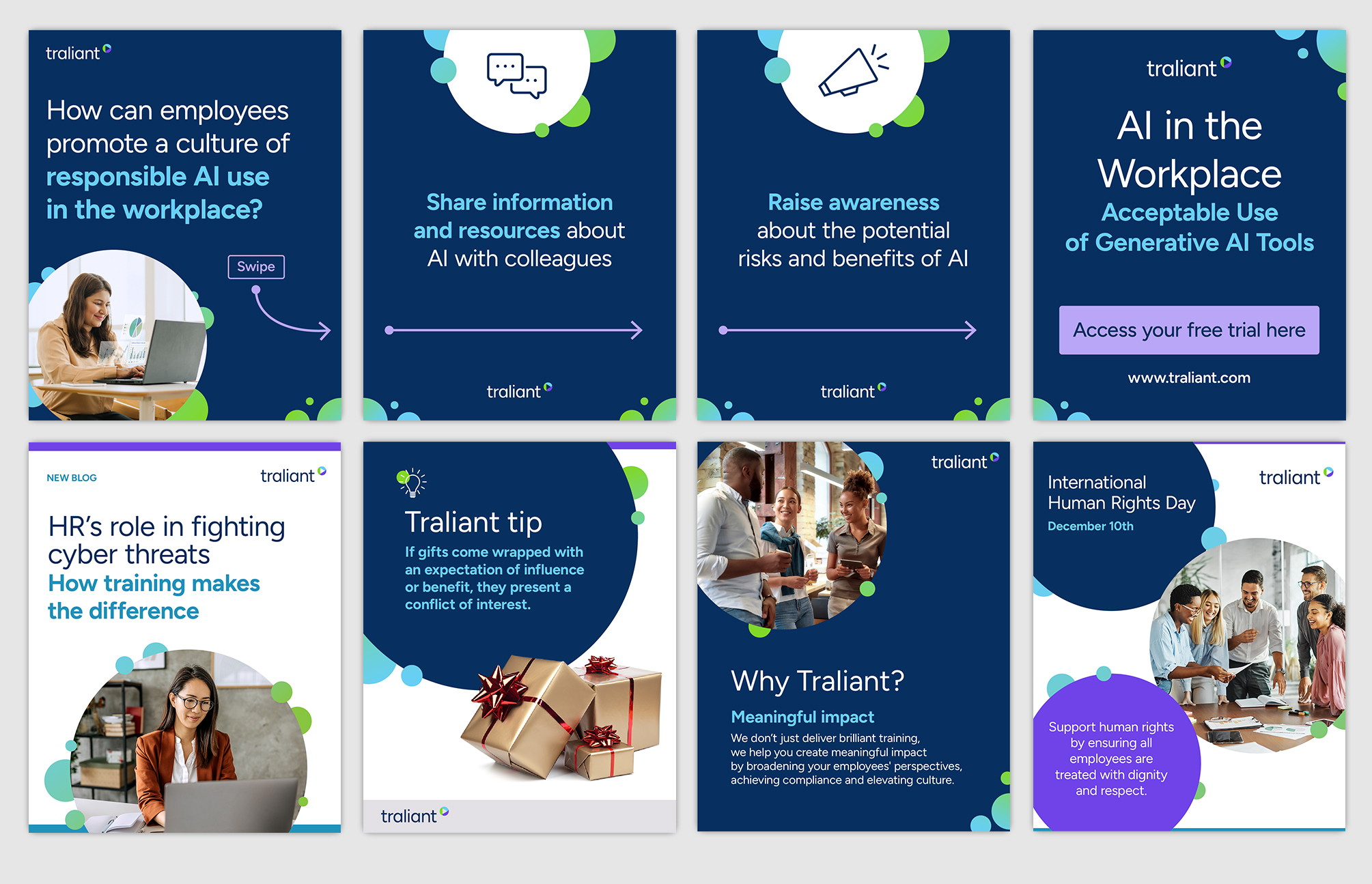 A selection of five of Traliant's social media templates including a carousel with four panels, a new blog post, a helpful tip post, a value proposition post, and a holiday post.