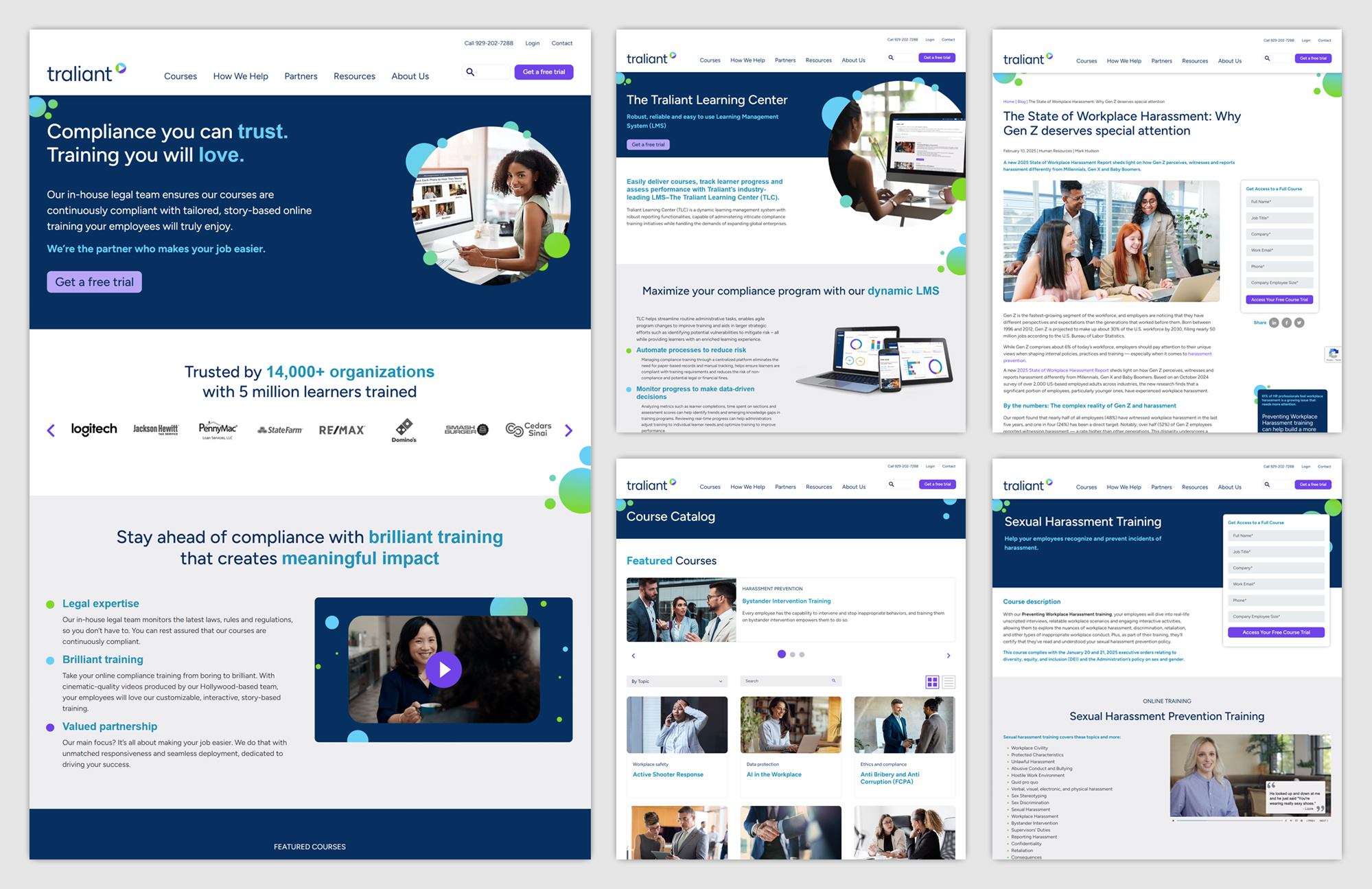 A section of pages from Traliant's redesign website including the home page, a page about their learning management system, their course catalog, a blog, and a course page.