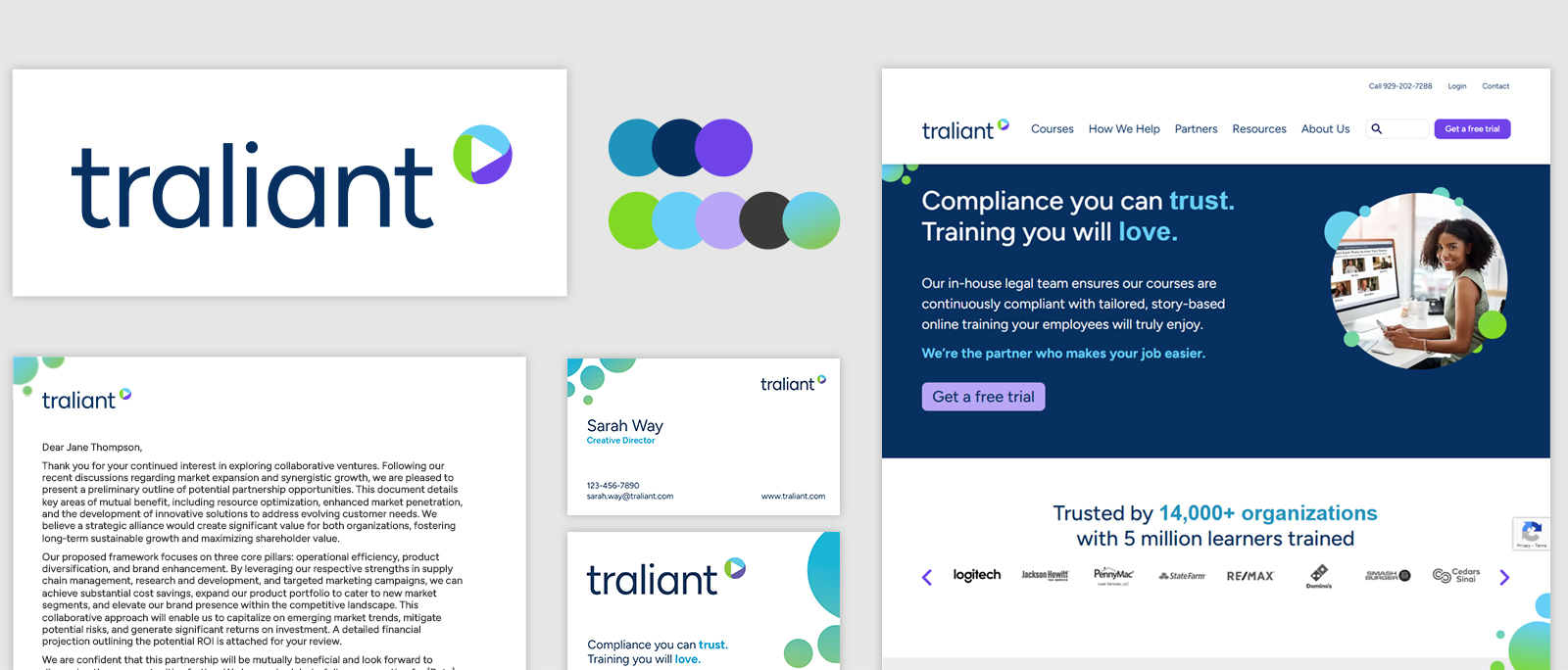 An brief visual overview of Traliant's brand visual redesign including the logo, color palette, website, stationary, and business cards.