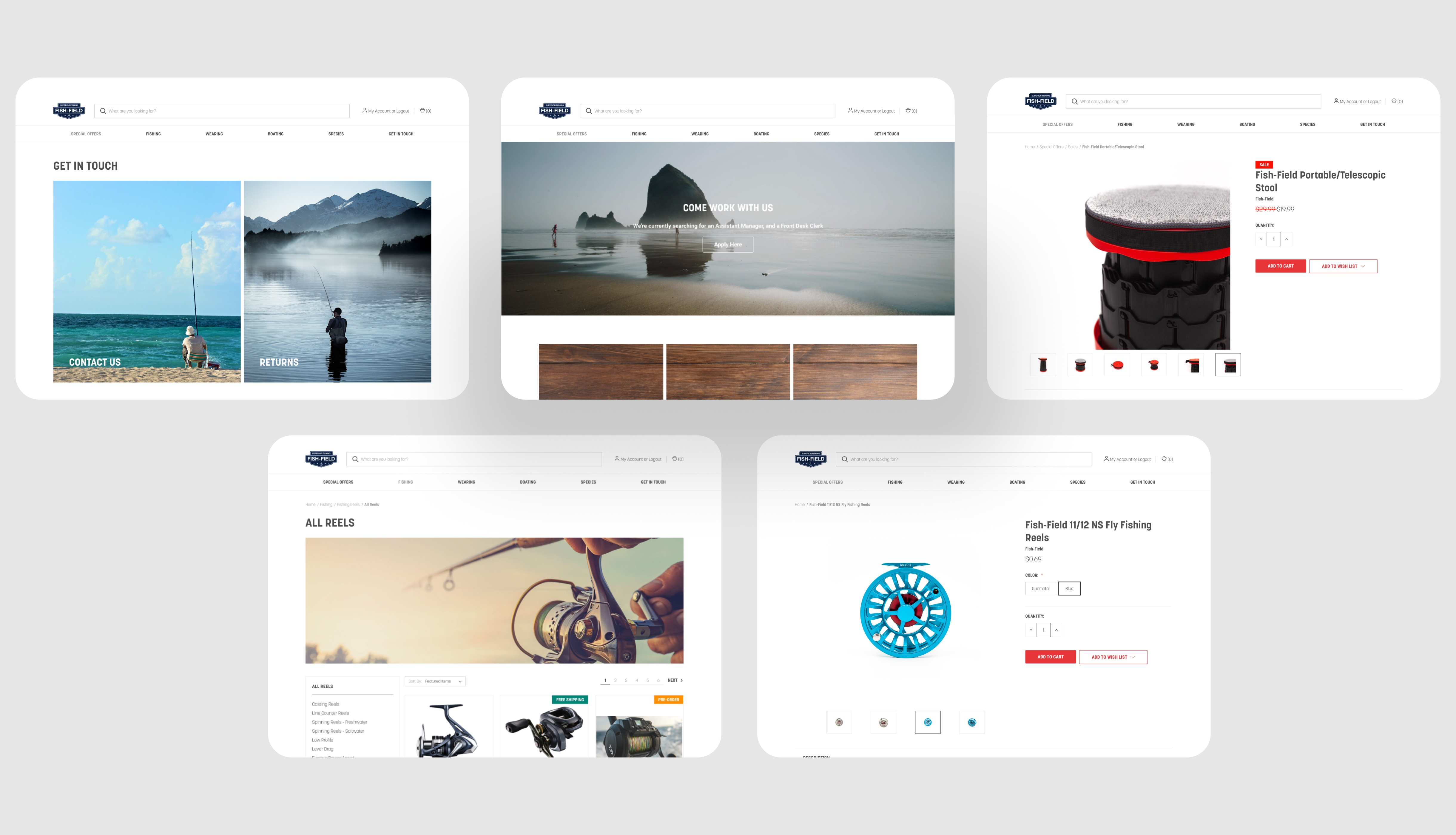 Final Fish-Field BigCommerce designs showing contact, careers, category, and product pages.
