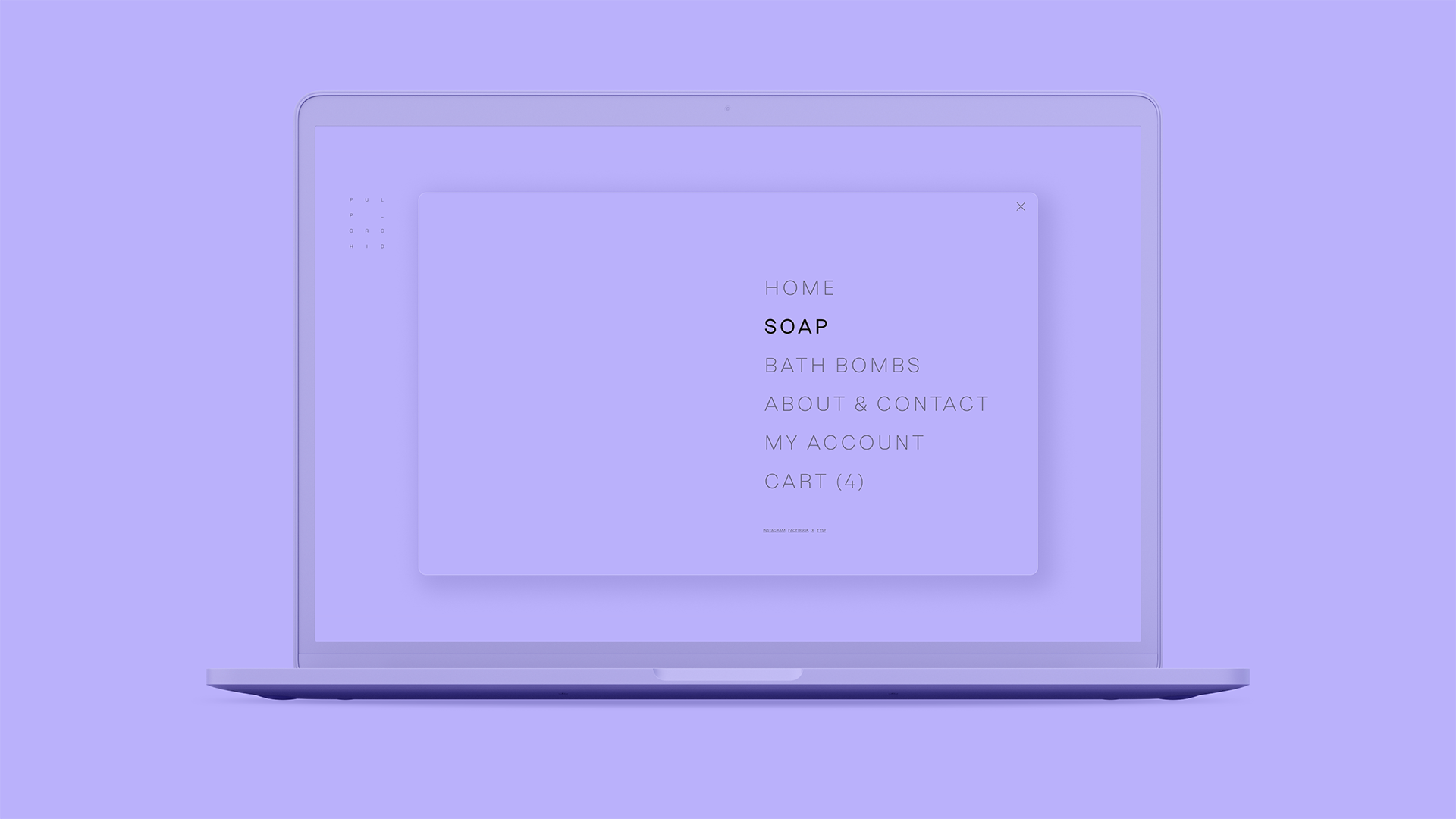 Pulp_Orchid website navigation using a minimal book-inspired layout and pastel purple background to organize the e-commerce experience.