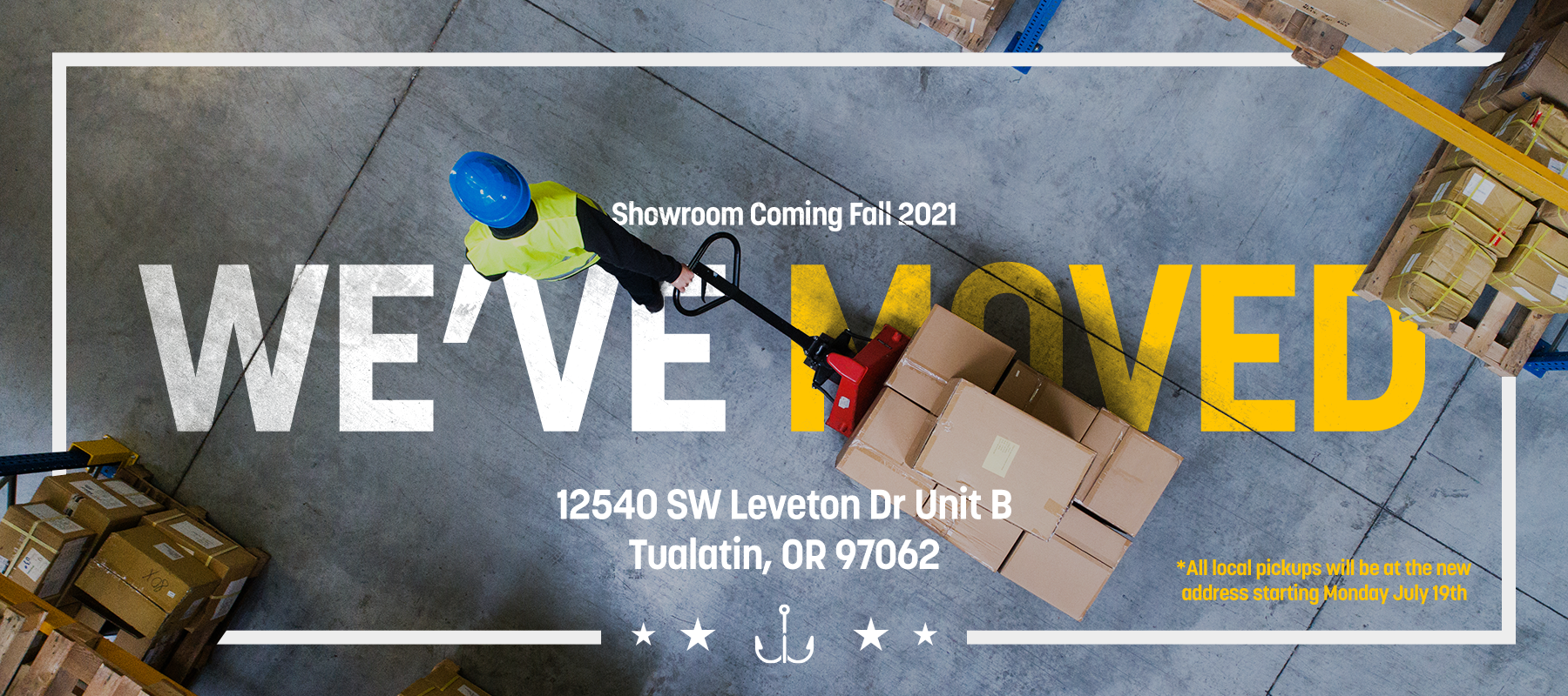 Promotional artwork announcing Fish-Field’s move to a new warehouse and showroom in 2021.