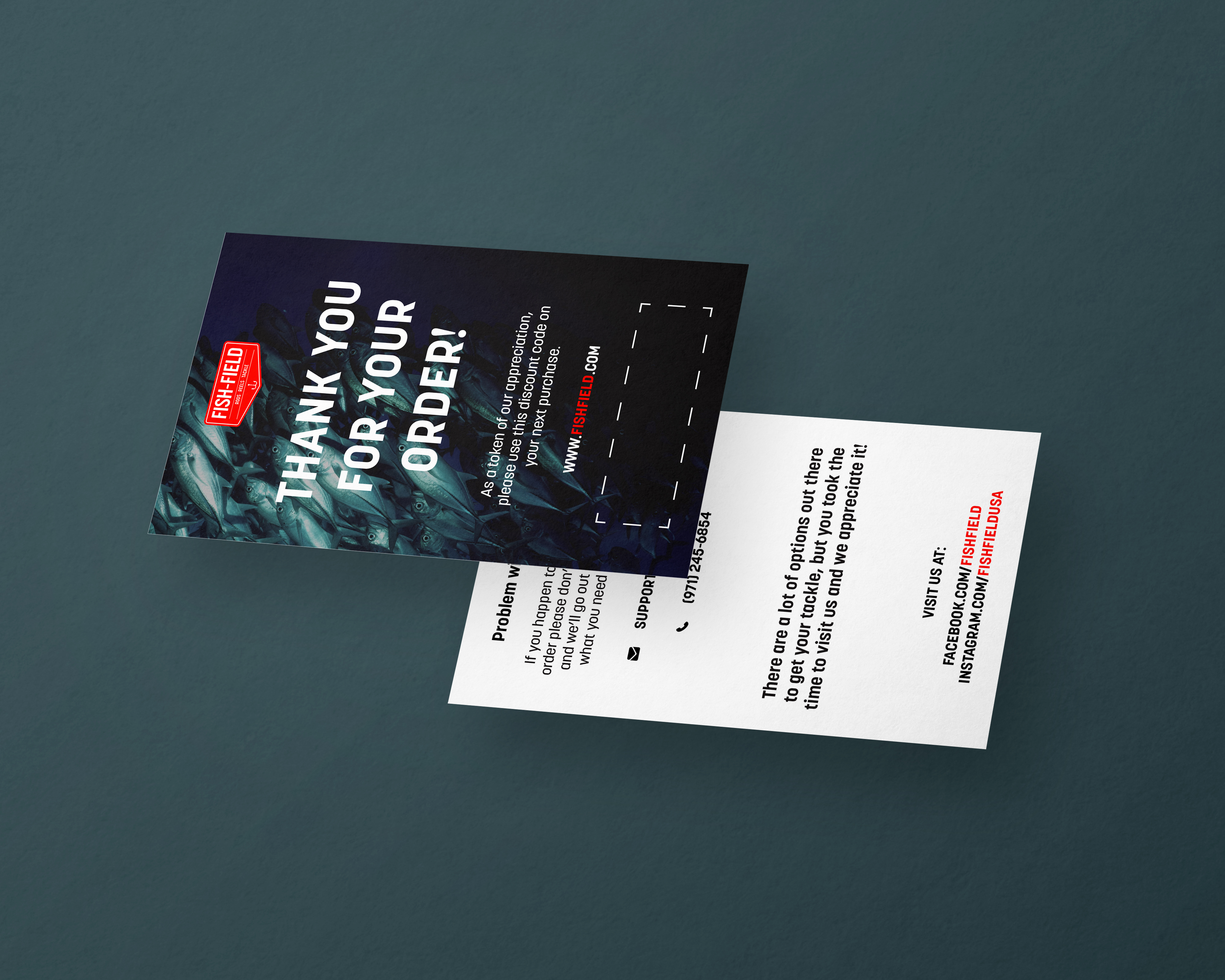 Fish-Field customer order insert designed to thank customers and provide support and social media information.