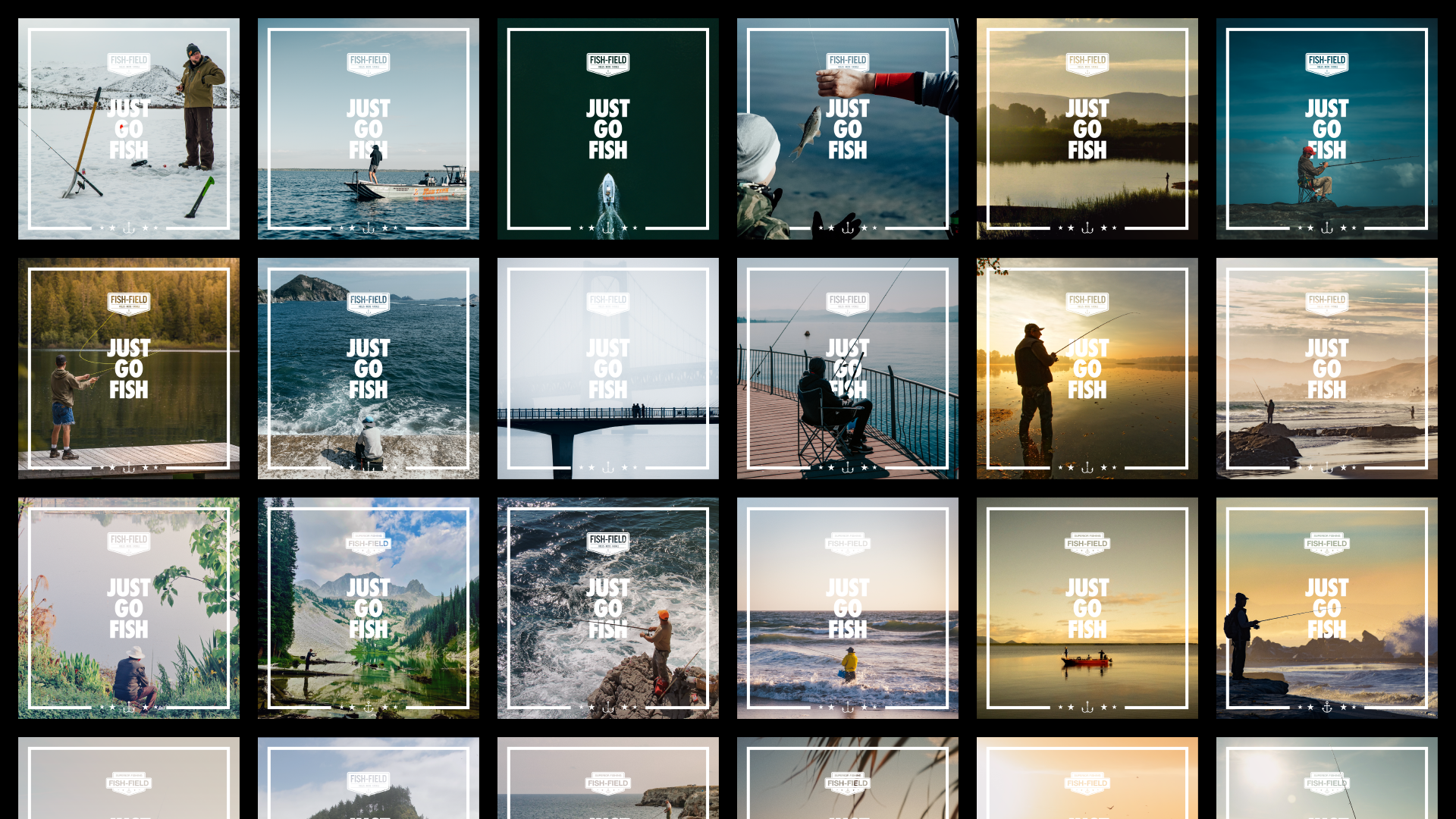 Collection of Fish-Field social media graphics featuring fishing photography and the “Just Go Fish” campaign.
