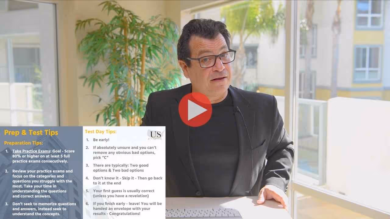 Man wearing glasses and a black blazer sitting at a desk in a bright room with large windows and plants, with overlaid text showing prep and test tips — Robert Rico, real estate trainer at US Realty Training